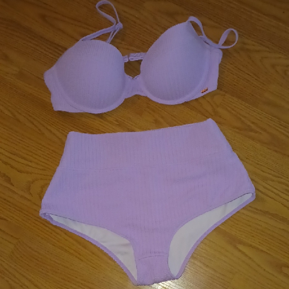 PINK Victoria's Secret Lilac Ribbed High-Waist Bikini Set